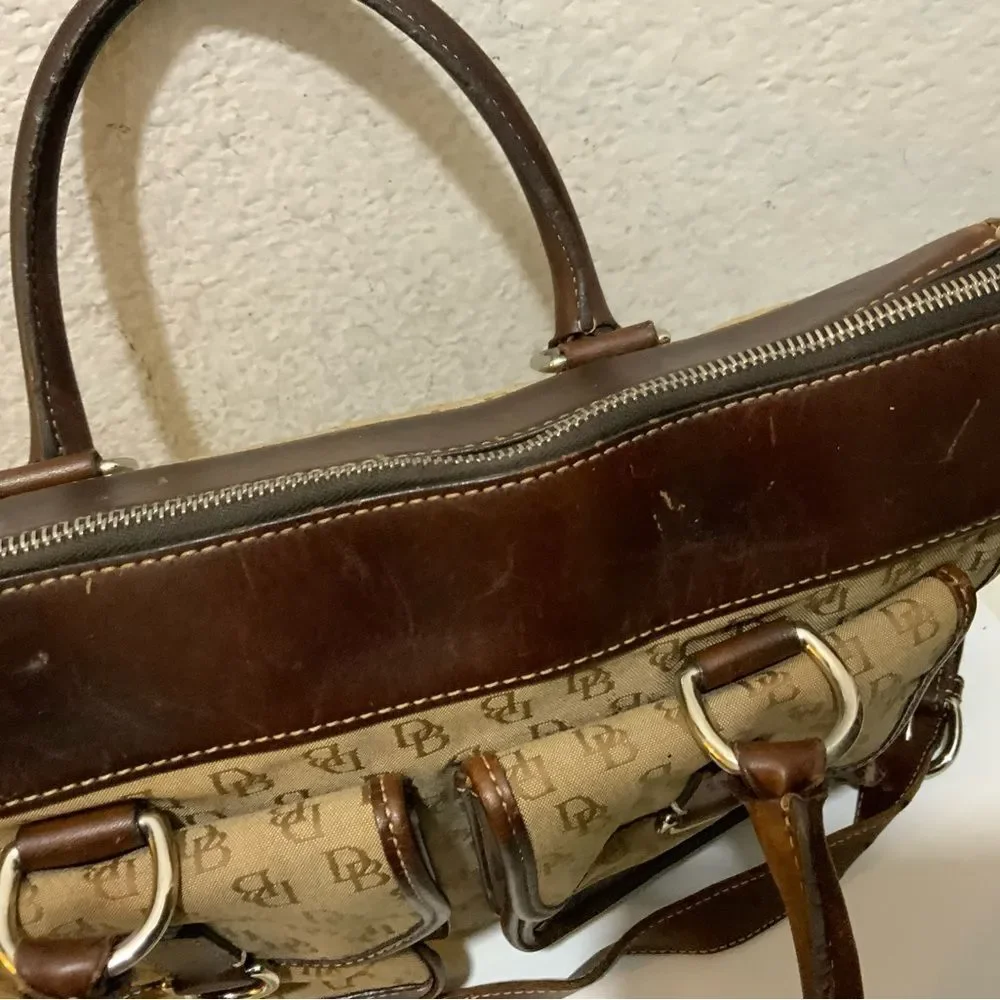 Dooney Bourke Monogram Signature Brown Textile Satchel Shoulder Bag  13x10x4
